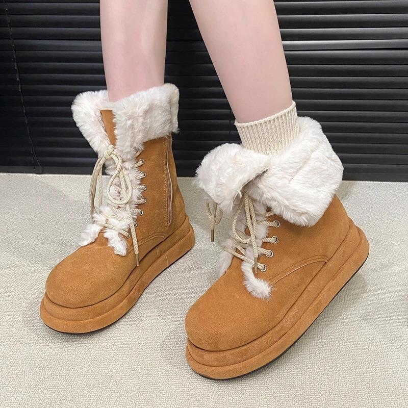 Women Fur Snow Boots Flats Platform Warm Cottom Shoes Winter Trend Sneaker Casual Running Shoes Lace Up Chelsea Boots Mujer