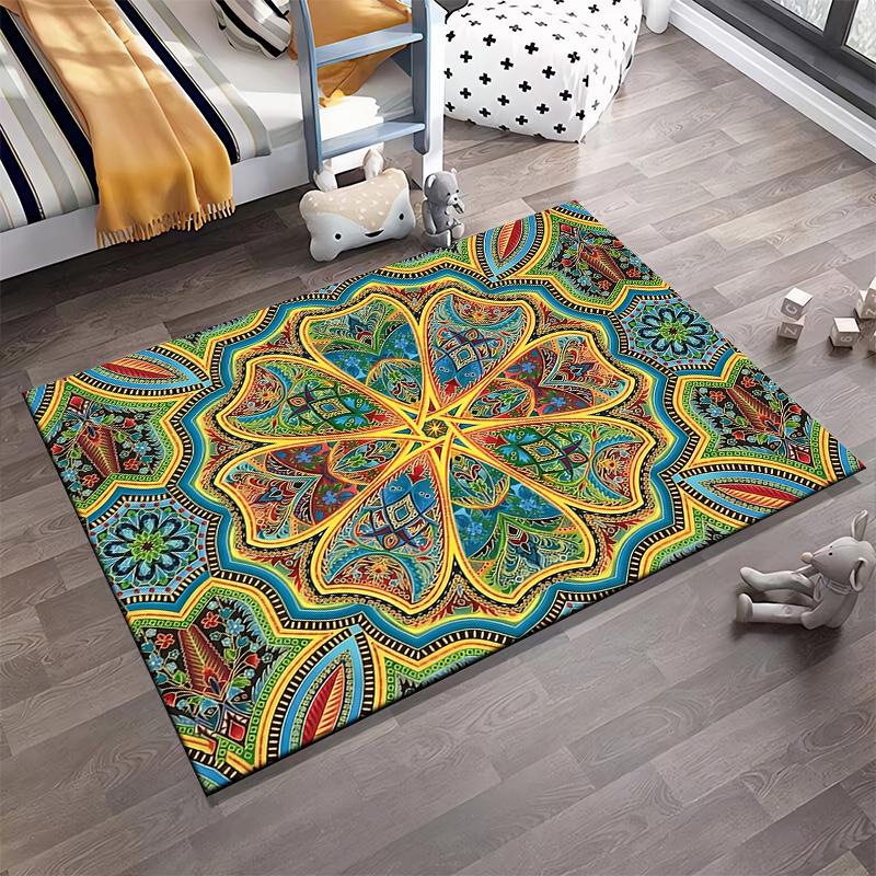 Colorful Mandala Pattern Carpet with Geometric Floral Design, Large Rug Suitable for Use As an Anti-slip for Living Room Bedroom Sofas