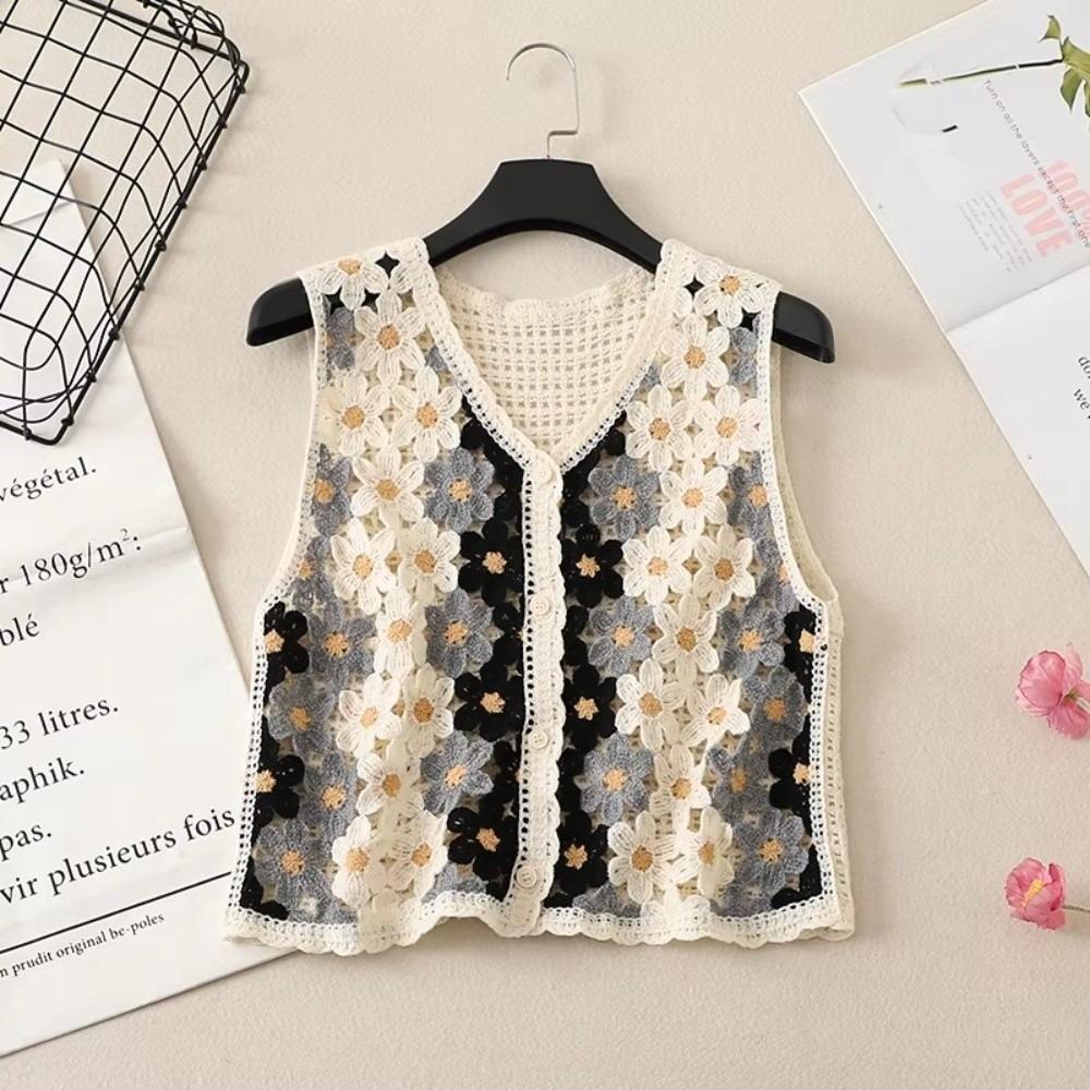 Button-up Sleeveless Jacket Colorful Floral Waistcoat Top 2026 Openwork Vest  Short Cardigan