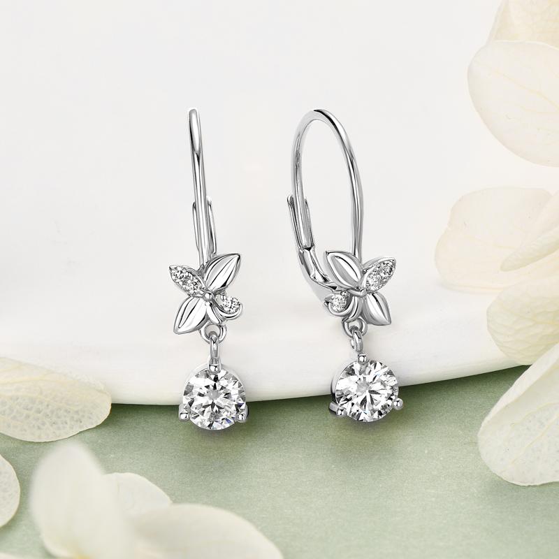 Trend Real 925 Silver 5mm Round Moissanite Drop Clip Earrings for Women Four-leaf Clover Valentine Wedding Jewelry Gift