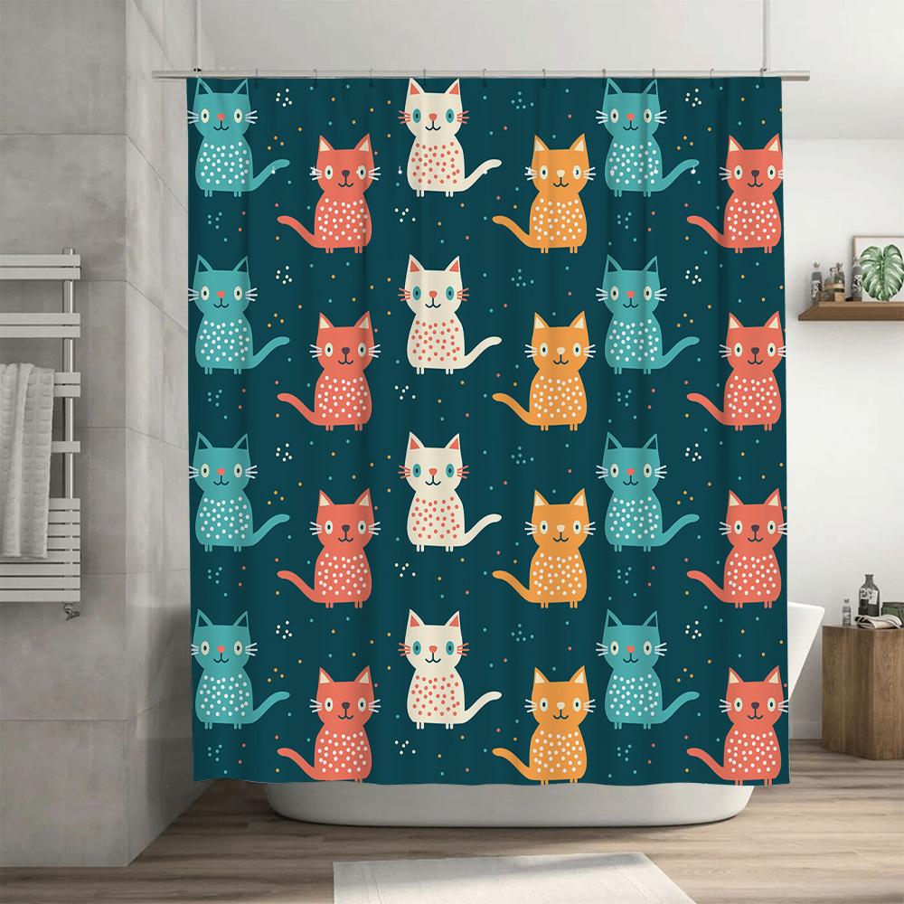 Colorful Cat Shower Curtain Modern Bathroom Decor For Kids Room Polyester Fabric Waterproof Liner With Hooks 72 X 84 Inches