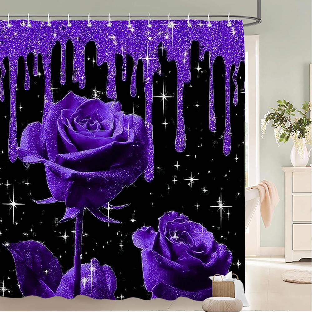 Shiny Rose Flower Style Printed Fabric Shower Curtain Bathroom Curtain,Valentine'S Day Home Decoration Curtain With Hooks