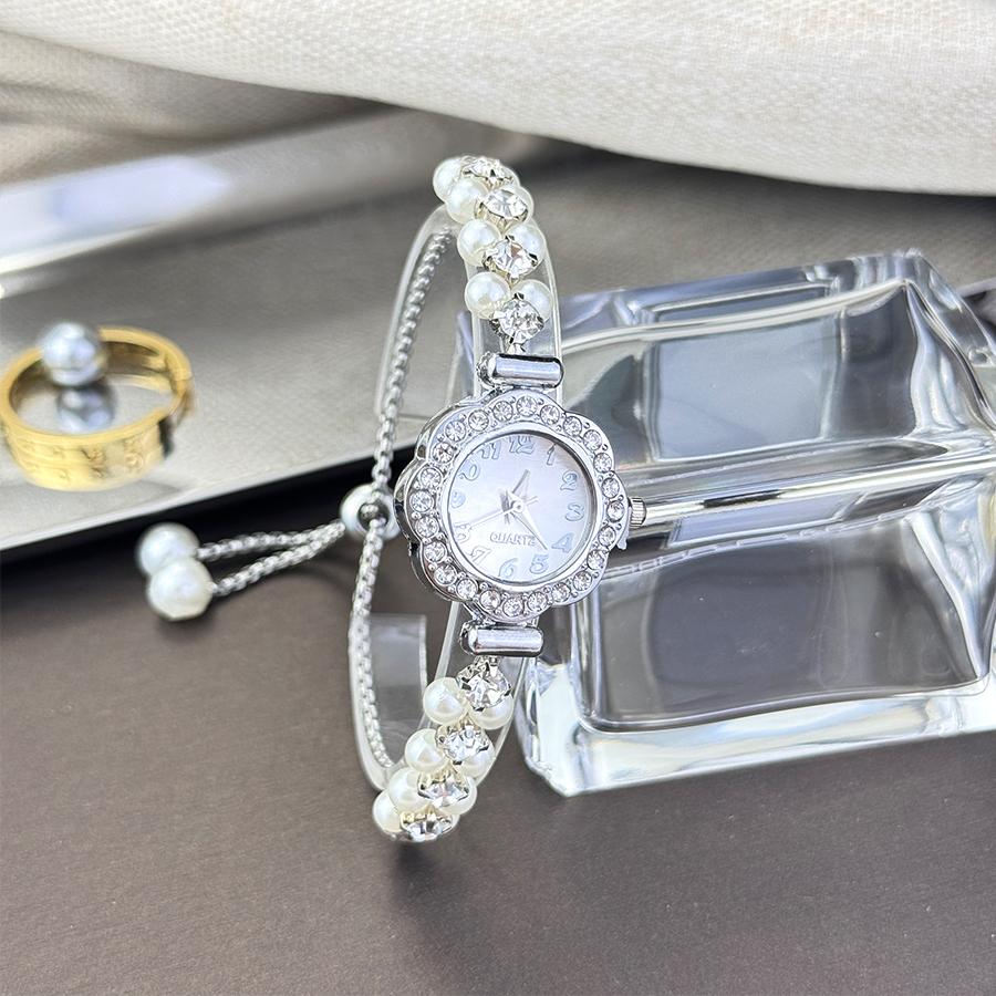 Double-Row Pearl Pull-Open Bracelet Diamond-Encrusted Case Arabic Numeral Scale Ladies Quartz Watch