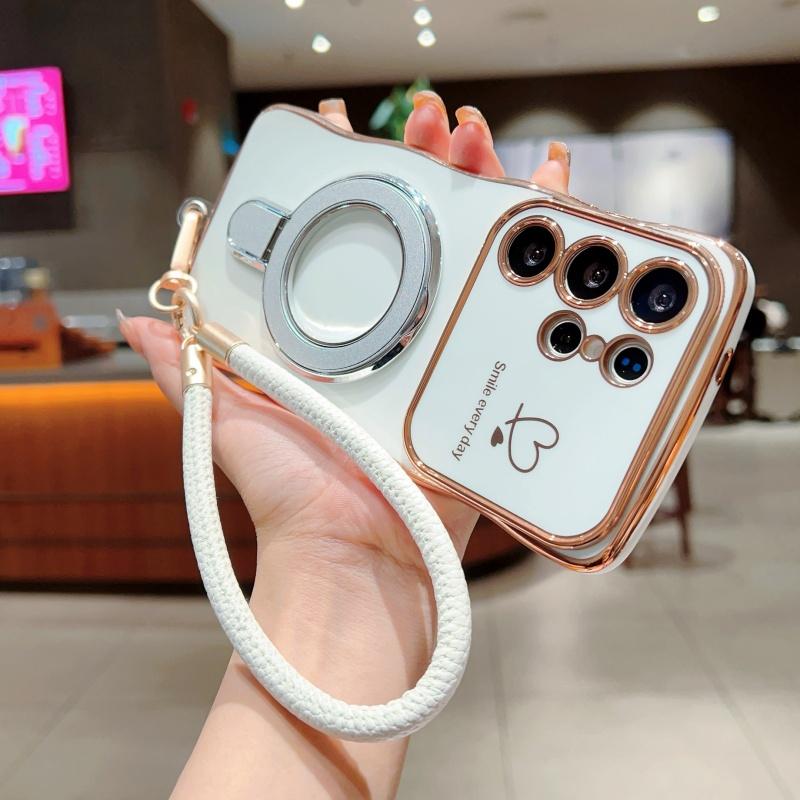 Wavy Frame Wrist Strap Phone Case for Samsung Galaxy S22 S23 S24 S25 Ultra Plus Edge A55 A54 A56 A36 A24 Silicone Soft Protective Cover Magnetic Stand