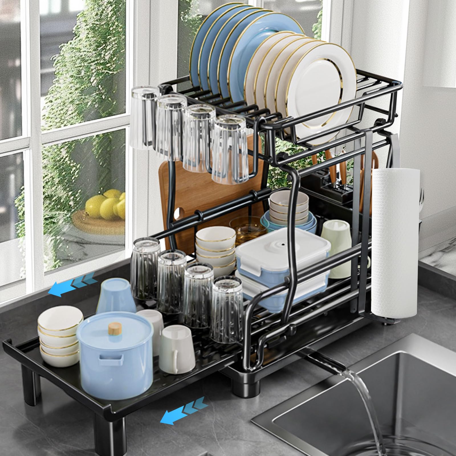 

Dish dish drying kitchen counter dish 69 x 30 x expandable width 2 tiers drainer, rack, drainer, 39.5 cm, 42-69 cm, black, чёрный