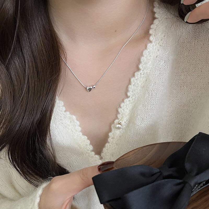 Sterling Silver Heart Bead Necklace - Women's Snake Chain Korean Style Clavicle Choker
