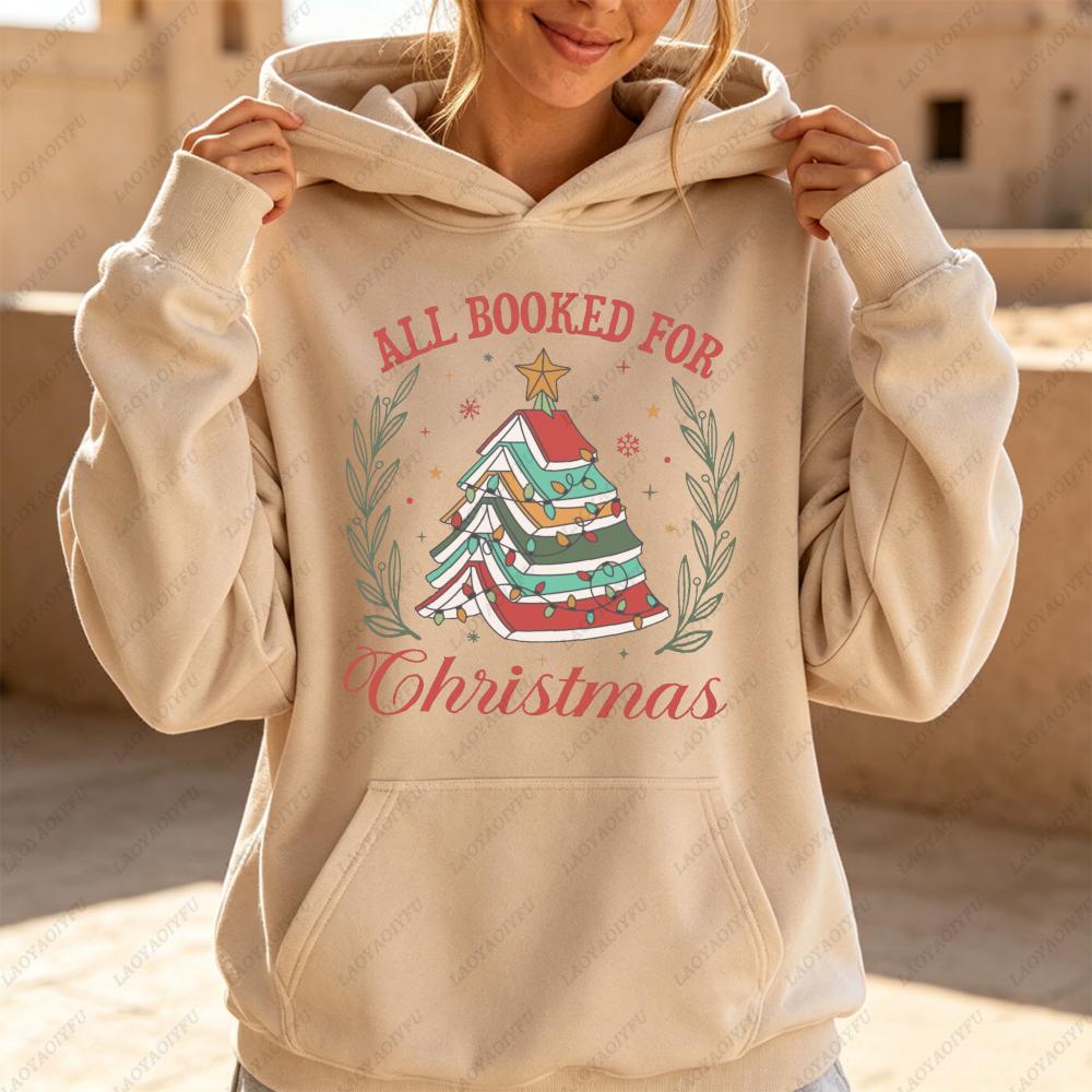 All Booked for Christmas Book Tree Hoodies Women Retro Bookworm Graphic Sweatshirt Aesthetic Winter Oversized Streetwear