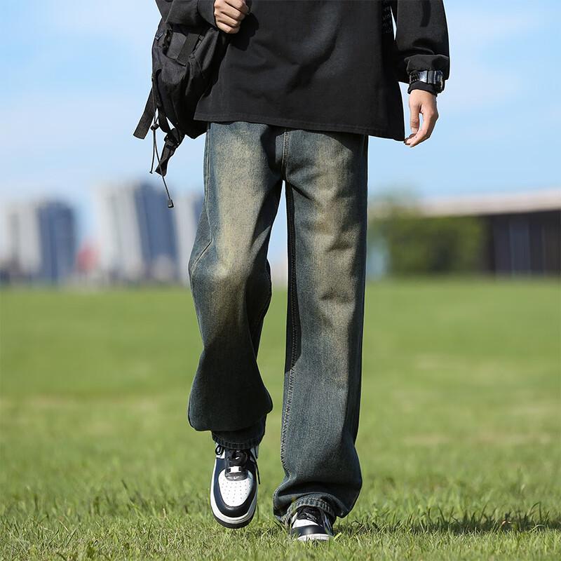 VUUG Men's High Street Retro Loose Straight Wide-Leg Denim Jeans