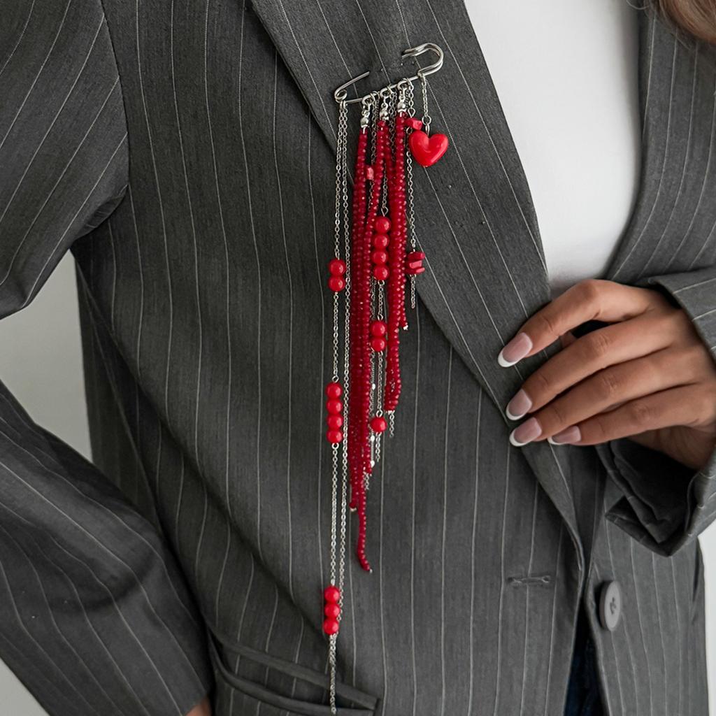 SHIXIN Exaggerated Red Crystal Bead Brooch Women Punk Long Tassel Chain Heart Pendant Brooch Suit Decoration Jewelry Accessories