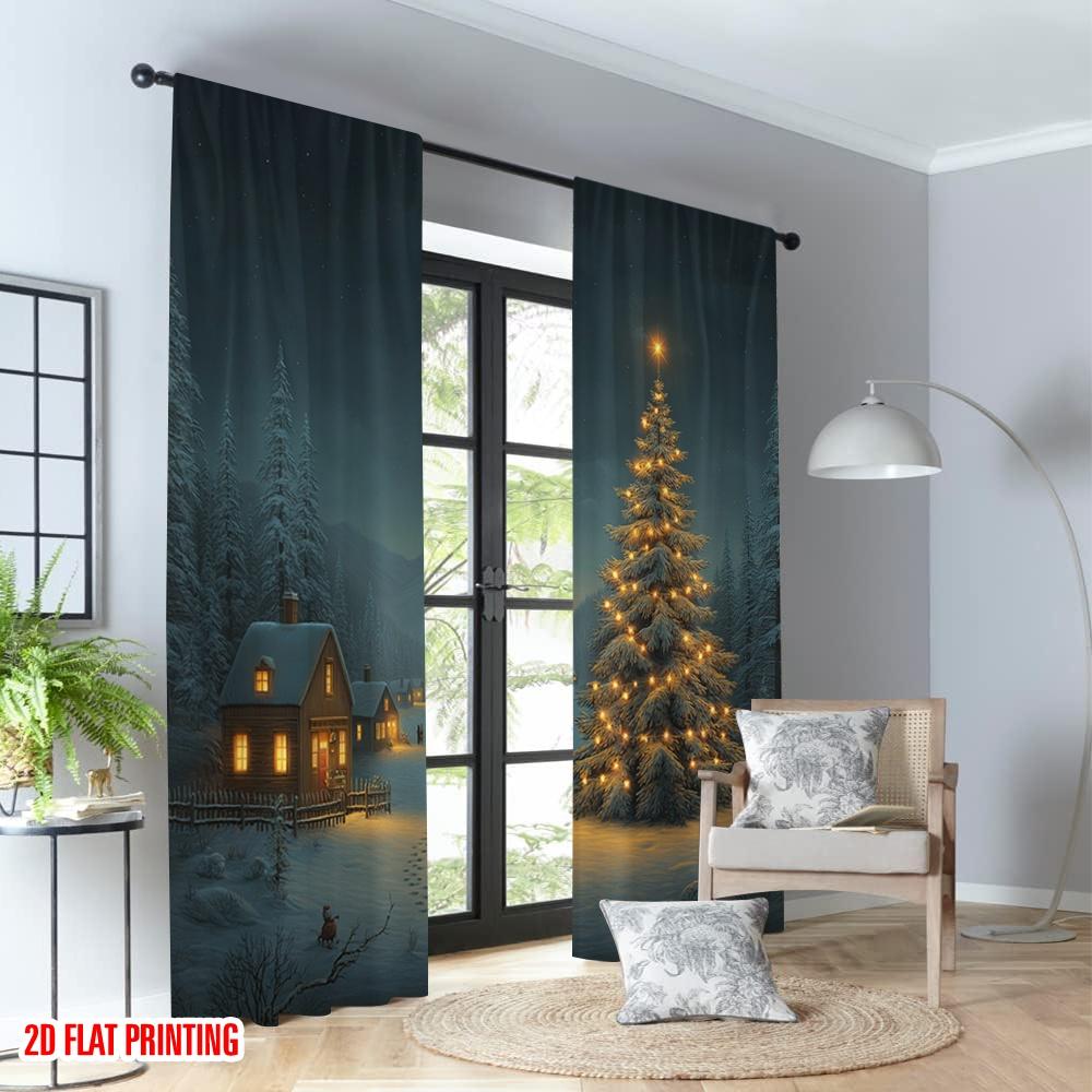 Set Of 2 Flat Printing Merry Christmas Trendy Curtains Cozy Winter Village Tree Digital Printed Polyester Drapes Spring Made