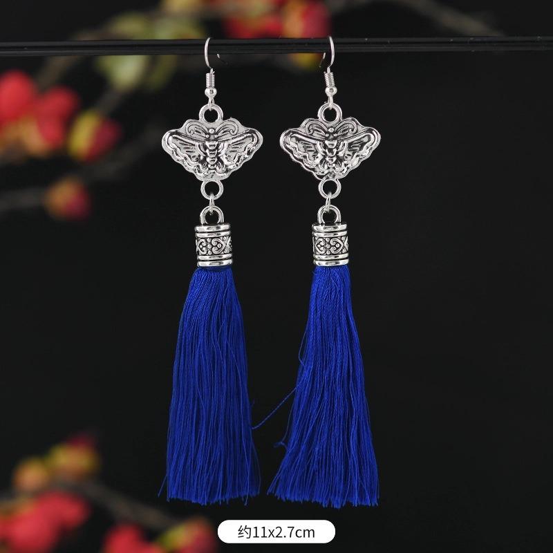 

Hand-embroidered Miao silver earrings retro long fringed Miao old embroidery piece women s earrings