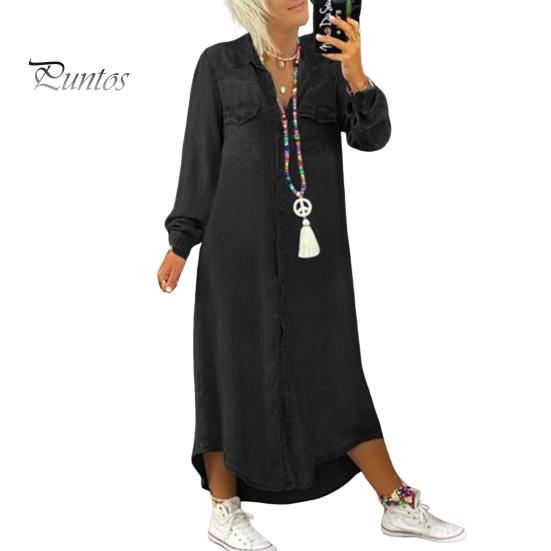 

Осенне-весеннее женское платье однобортное с лацканами, свободный покрой, длинные рукава, нагрудный карман, разрез по низу, платье больших размеров, однотонное, на пуговицах, А-силуэт, повседневная одежда, макси S черный серый