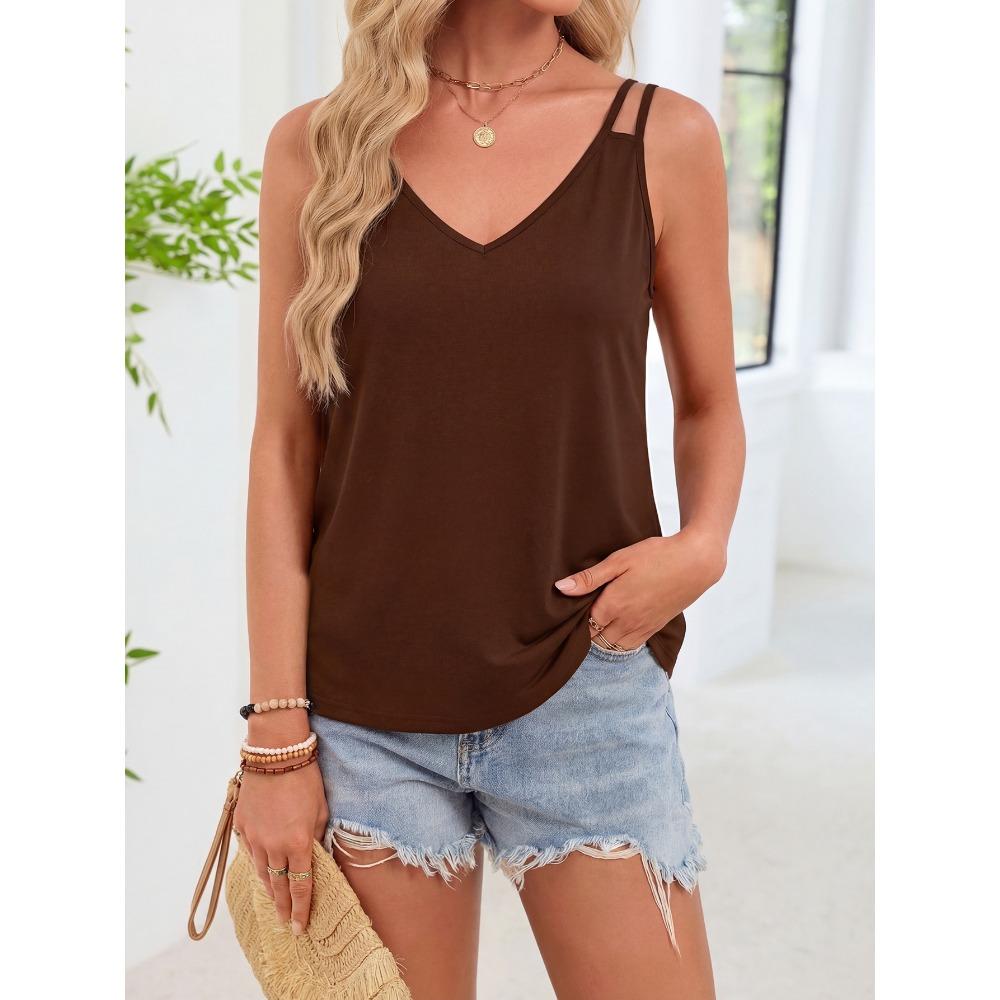 Women's V Neck Double Spaghetti Strap Loose Fit Solid Color Camisole Casual Summer Inner Layer Sleeveless Tank Top