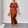 Women'S Summer New Elegant V-Neck Short-Sleeve High-Waisted One-Piece Slit Dress Long