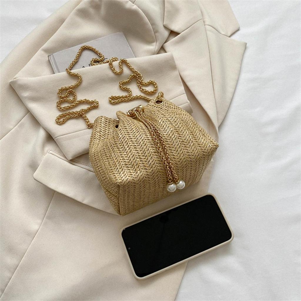 Women's Summer Straw Shoulder Bag Lightweight Woven Beach Purse with Chain Strap & Drawstring for Vacation Storage Bag