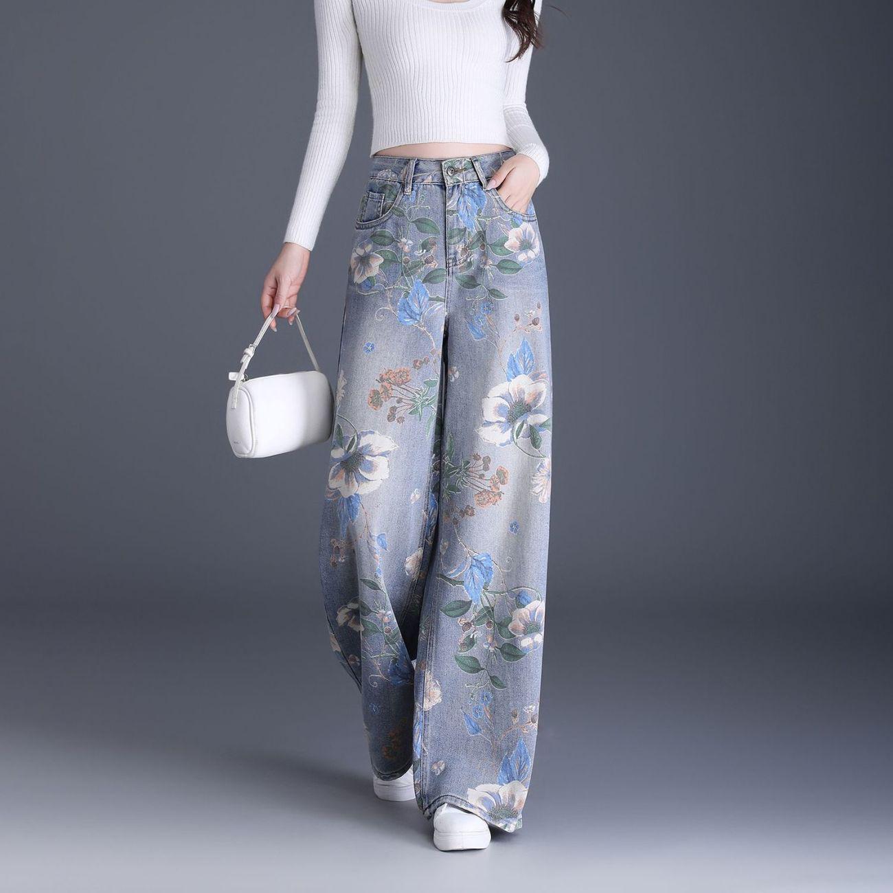 

Women s High-Waisted Blue Print Wide-Leg Jeans - 2025 Spring/Autumn Collection M [98-110 lbs]