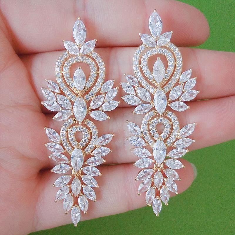 Luxury Leaf Marquise Zircon Long Drop Dangle Earrings Shiny AAA Cubic Zirconia Bridal Women's Wedding Party Zircon Accessories