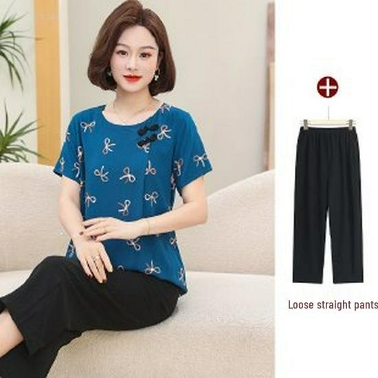 2026 Elegant Mother’s Two-Piece Summer Set: Chic Short-Sleeved Top for Middle-Aged & Elderly Women