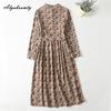 Japanese Mori Girl Spring Autumn Women Dress Stand Collar Floral Print Navy Blue Lace Up Dress Long Sleeve Vintage Midi Dress With Pockets