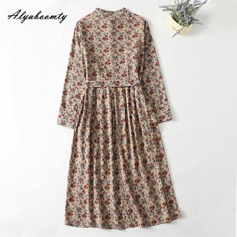 Japanese Mori Girl Spring Autumn Women Dress Stand Collar Floral Print Navy Blue Lace Up Dress Long Sleeve Vintage Midi Dress With Pockets