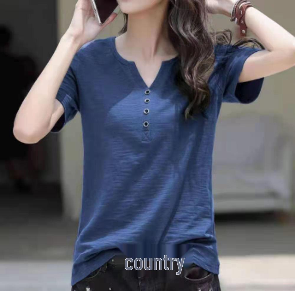 Women's 2024 Summer Plus-Size Retro V-Neck Short-Sleeve T-Shirt - Solid Color, Simple, Versatile, and Trendy.