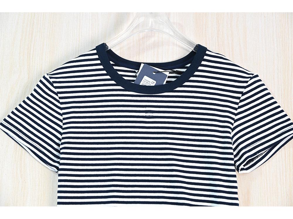 Siqi Women's Ribbed Stretch Cotton Color Block Striped Slim Fit Round Neck Short Sleeve T-shirt