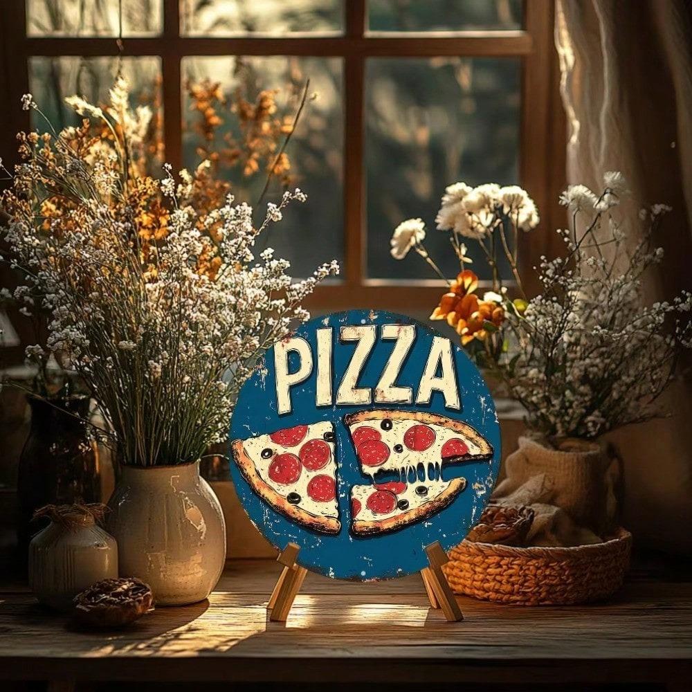 Vintage Pizza Slice Metal Round Wall Art Rustic Blue Tin Sign Home Bar Office Decor Pizza Lover Gift