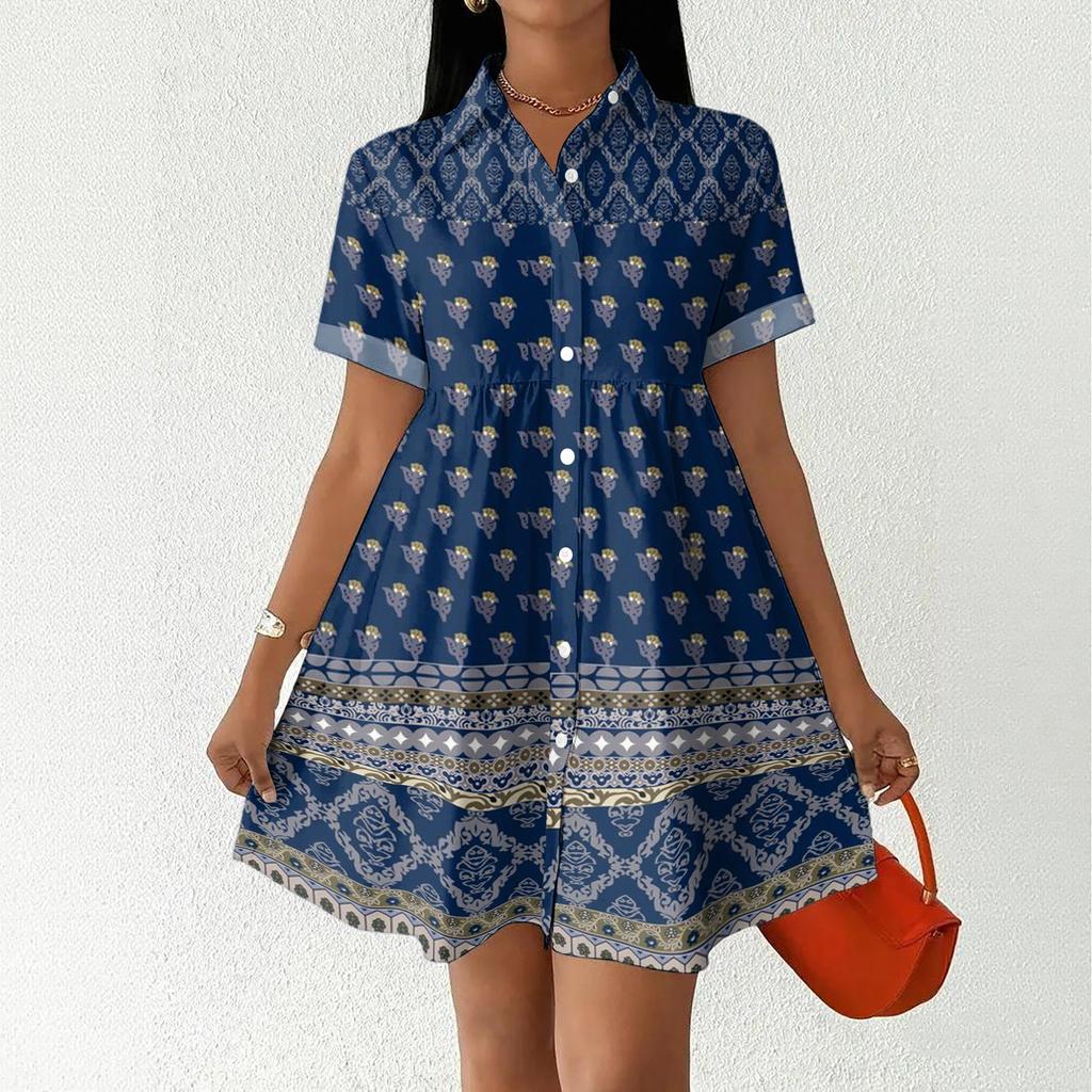 Casual Loose Fit Shirt Dress for Women Button Front Short Sleeve Collared Dress with Printed Hemline Border Design