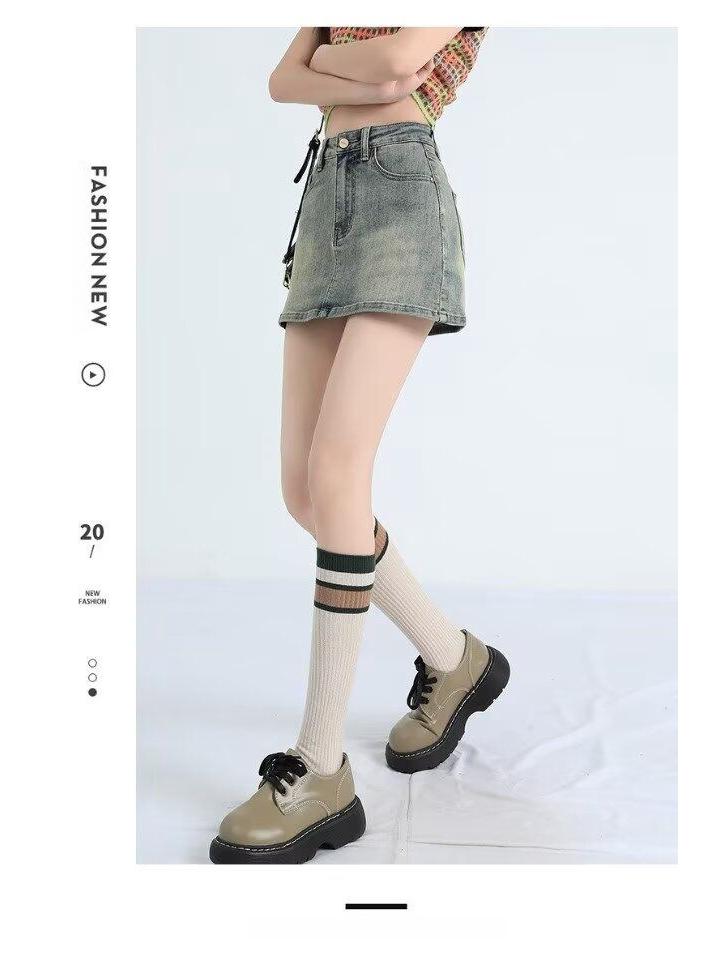 2025 Summer High-Waisted Distressed Denim Skort with Anti-Exposure Feature