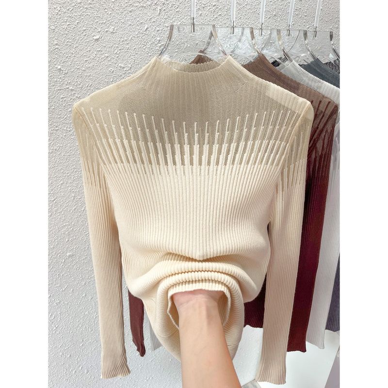 

Summer New Arrival Cutout Half Turtleneck Mesh Lace Short Sleeve T-shirt Top Women s Clothing Korean Wear Ice Silk Sweater Apricot ~ Long sleeves S