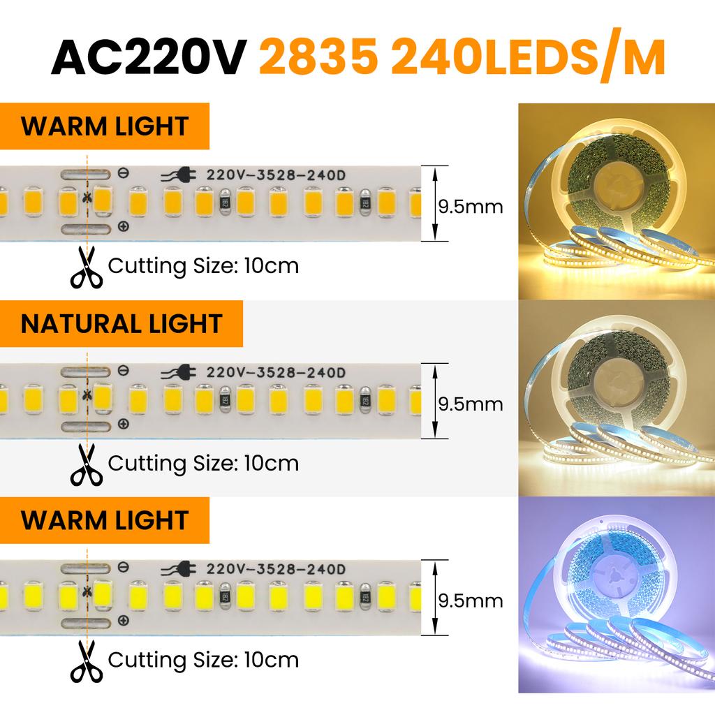 220V 110V LED Strip Light 5M 10M 15M 20M Flexible LED Tape Ribbon 2835 240LEDs/M IP44 Waterproof Rope Light with EU US Plug