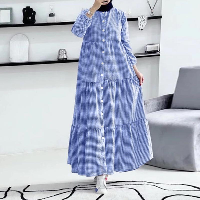 ZANZEA Women Casual Round Neck Long Sleeve Plaid Print Dress