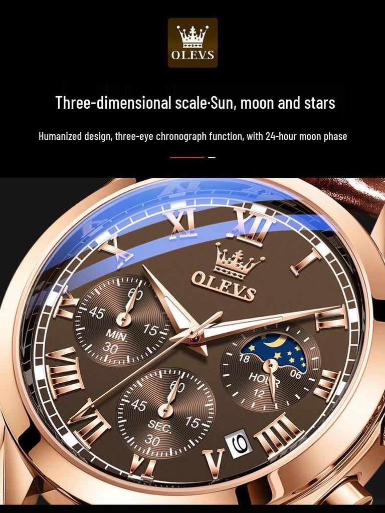 Oulishi Men's Waterproof Luminous Chronograph Quartz Watch with Three-Eye, Six-Hand Design.