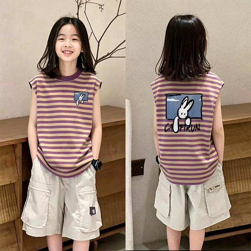 Girls' Korean Style Striped Sleeveless Tank Top - Trendy Summer Wear for Ages 6-12