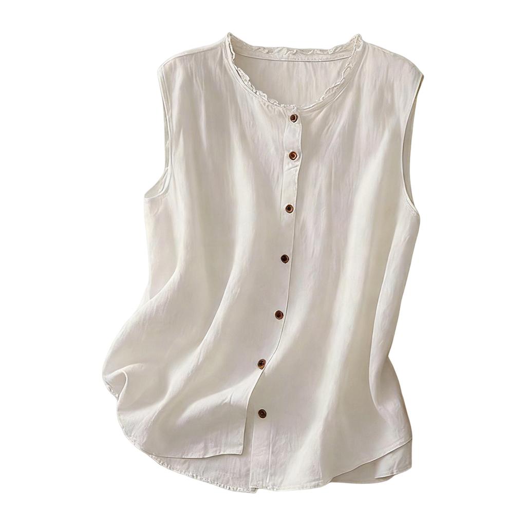 Women's Vintage Cotton And Linen Casual Loose Button-up Vest Top