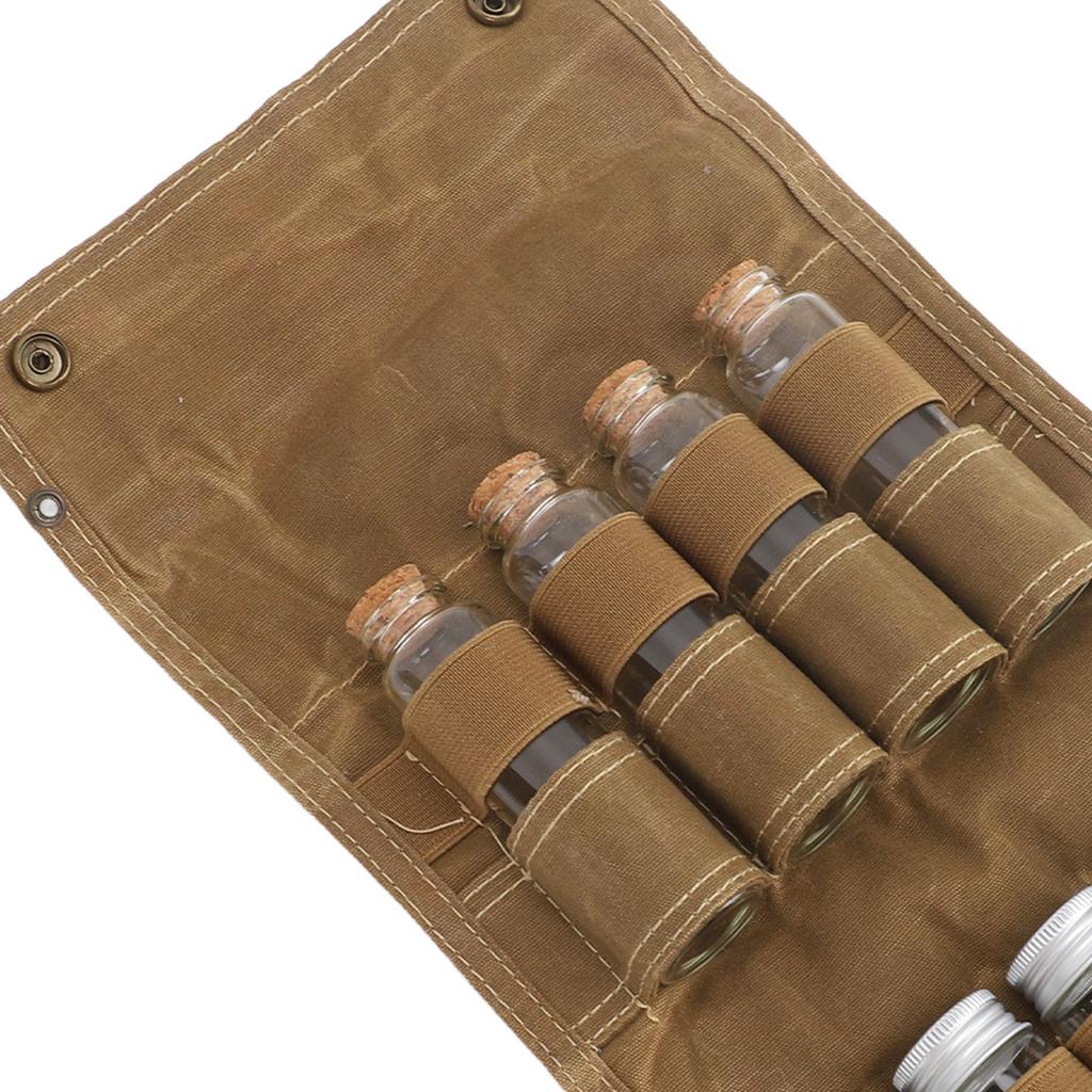 Tragbare Gewürztasche Mehrzweck-Leinwand-Gewürzlagerbeutel mit 9 Gewürzgläsern für Outdoor-Camping-Reisen Khaki