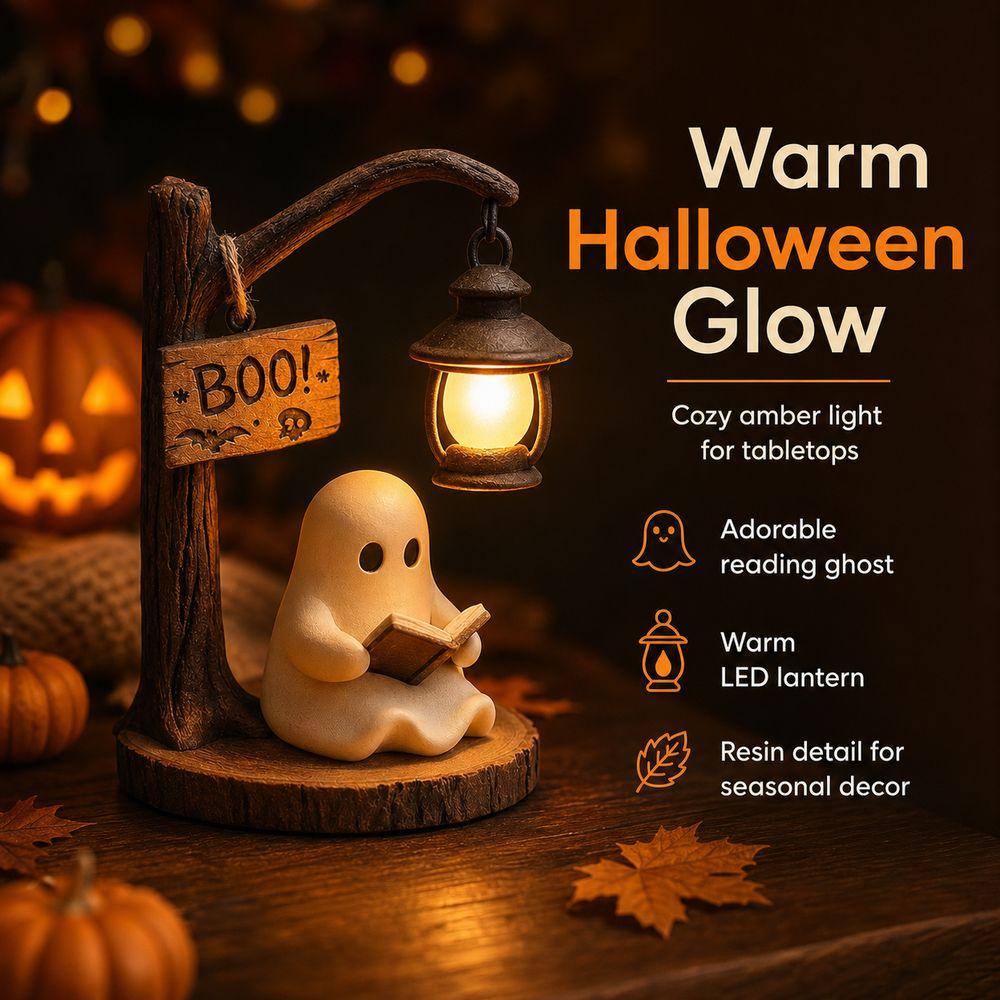 Resin Reading Ghost Figurine Hanging Lantern LED Ghost Decoration Bookshelf Decor