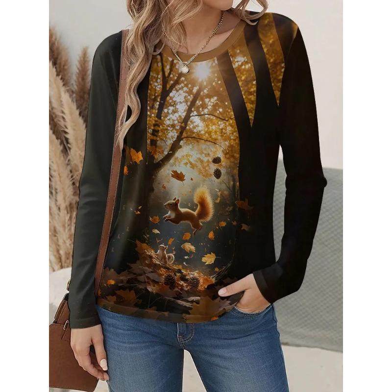 Autumn Women's 3D Squirrel Print Crew Neck T-Shirt