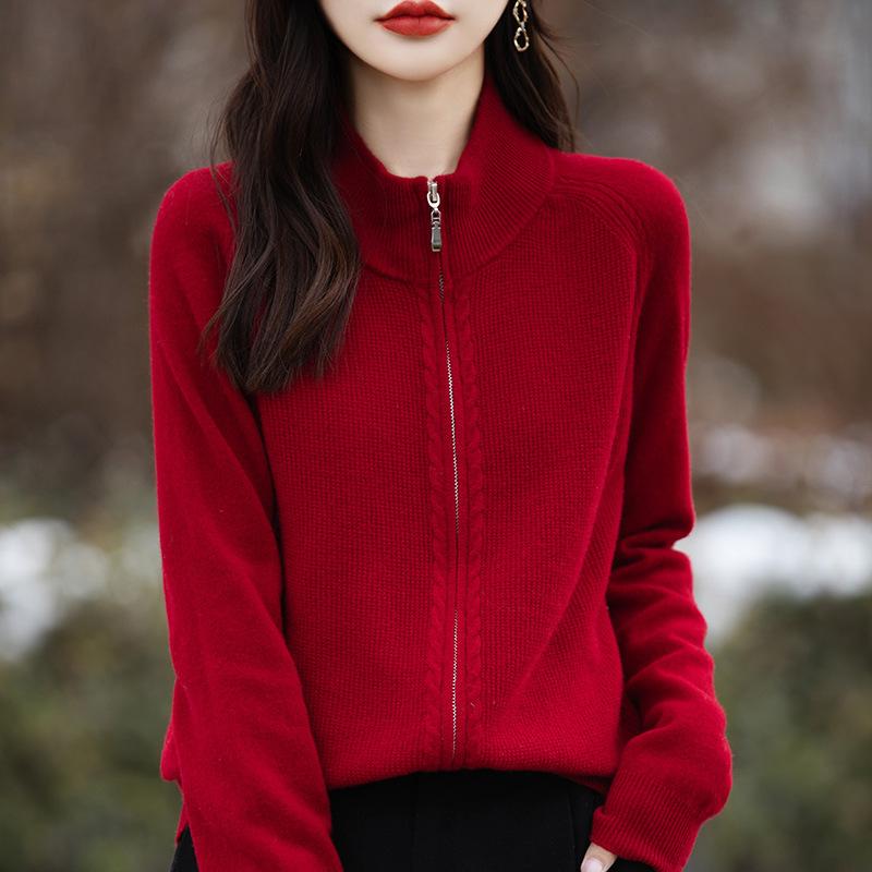 Autumn And Winter New 100 Wool Cardigan Women'S Semi-Turtleneck Zipper Sweater Jacket Wool Knitted Bottoming Shirt Top