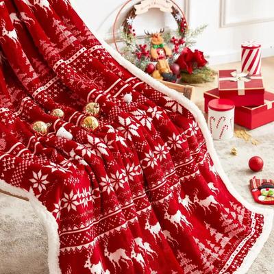 Navidad Christmas Reindeer Throw Blanket Double Layer Thicken Fluffy Soft Fleece Flannel Santa Claus Snowman Blanket Home Gift