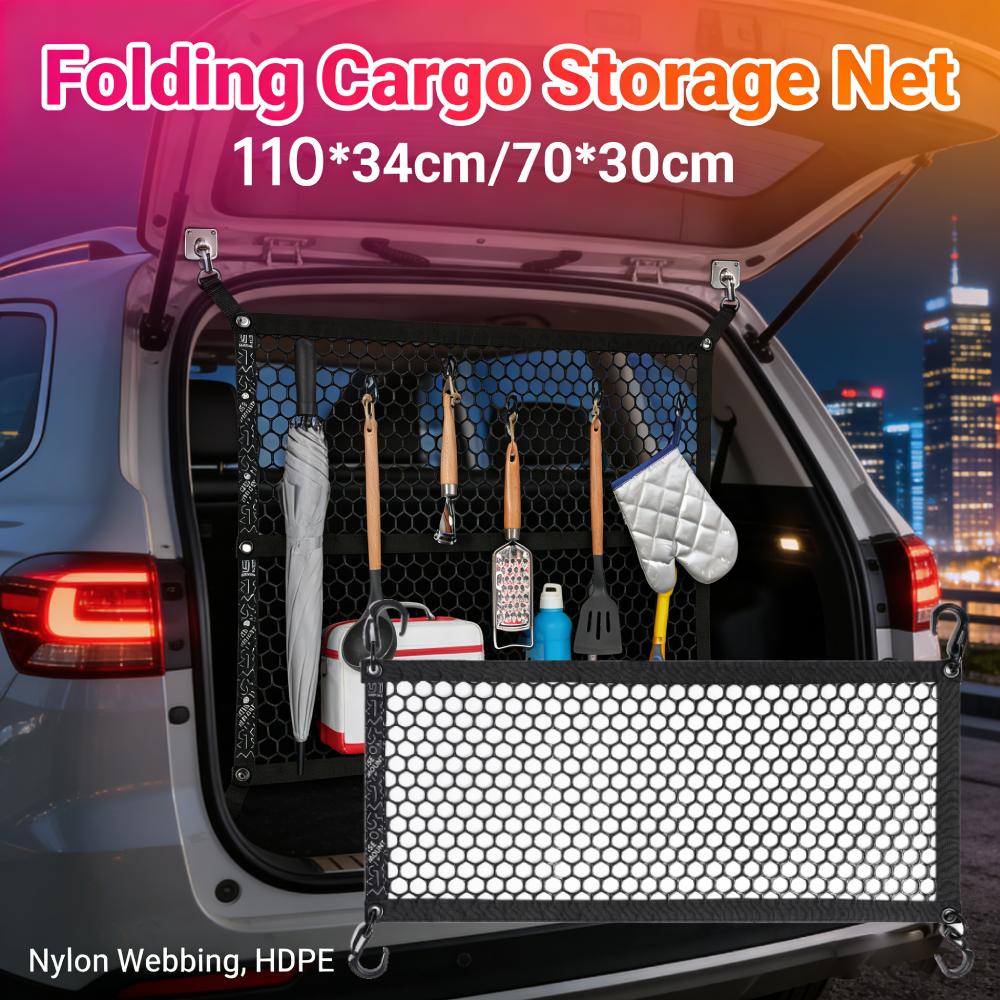 Tasche a Rete Portaoggetti per Auto con Ganci Rete a Nido d'Ape Arrotolabile Organizer Portatile per Auto SUV Camper 110x34cm/70x30cm