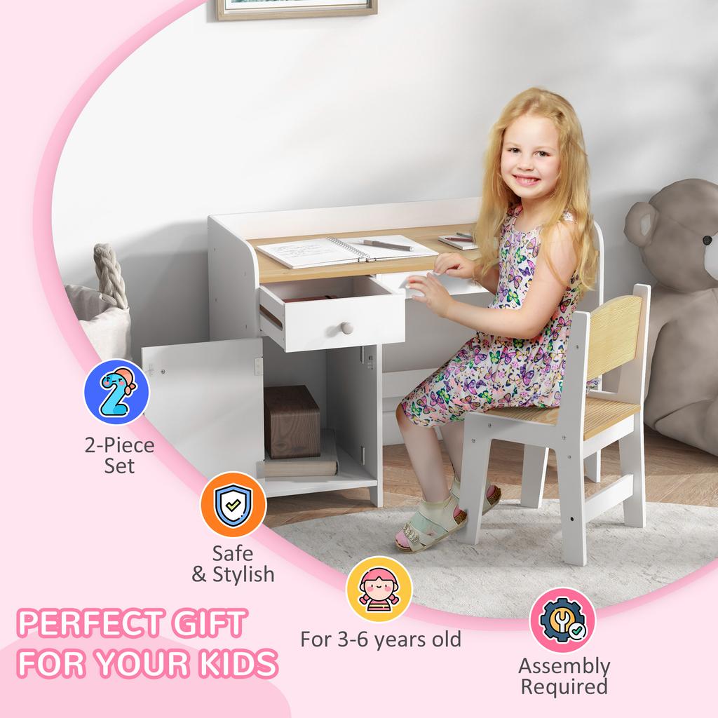 Kids Desk and Chair Set for 3-6 Years with Storage Drawer, Study Table and Chair for Children - White