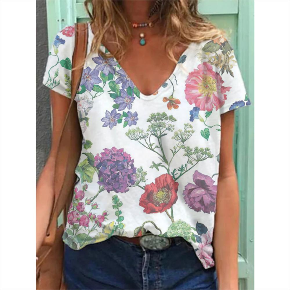 New Flower Floral 3D Print T-shirt Women V-Neck Short Sleeve Tees Y2k Tops Streetwear Harajuku Oversized T Shirts Woman Clothing