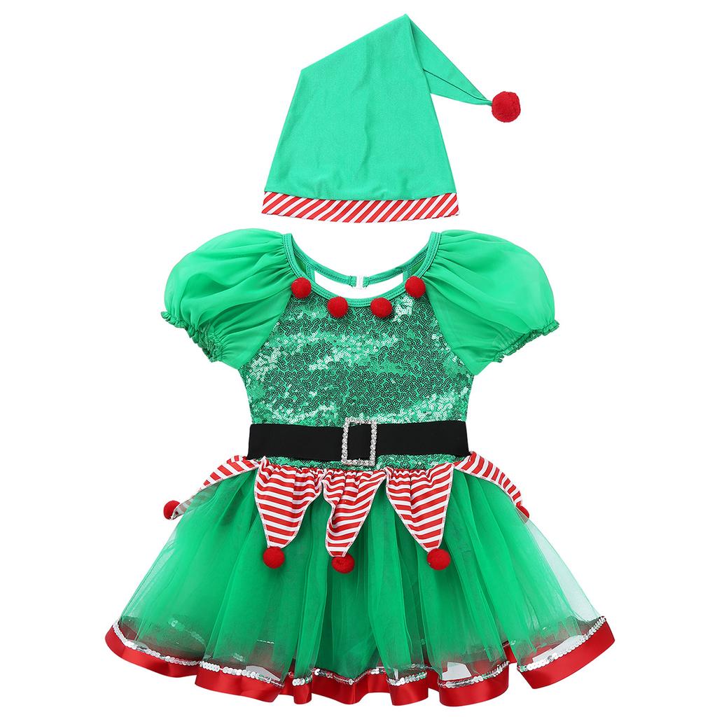 Girls Christmas Fairy Costume Short Puff Sleeves Sequined Striped Peplum Mesh Tutu Leotard Dress Hat Included