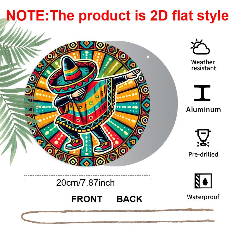 2D Flach, 1 Stück 7,87 Zoll Rundes Aluminiumschild, Mexikanisches Fiesta Sombrero & Maracas Design, Lebendige Kulturelle Metallwandkunst, Einfach Aufzuhängen Innen-/Außenbereich Dekor
