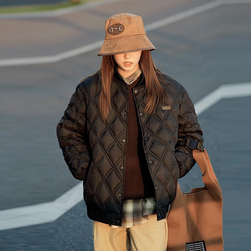 

Stand collar diamond plaid cotton jacket women s 2025 winter new light and light cotton jacket American thickened baseball uniform jacket M чёрный