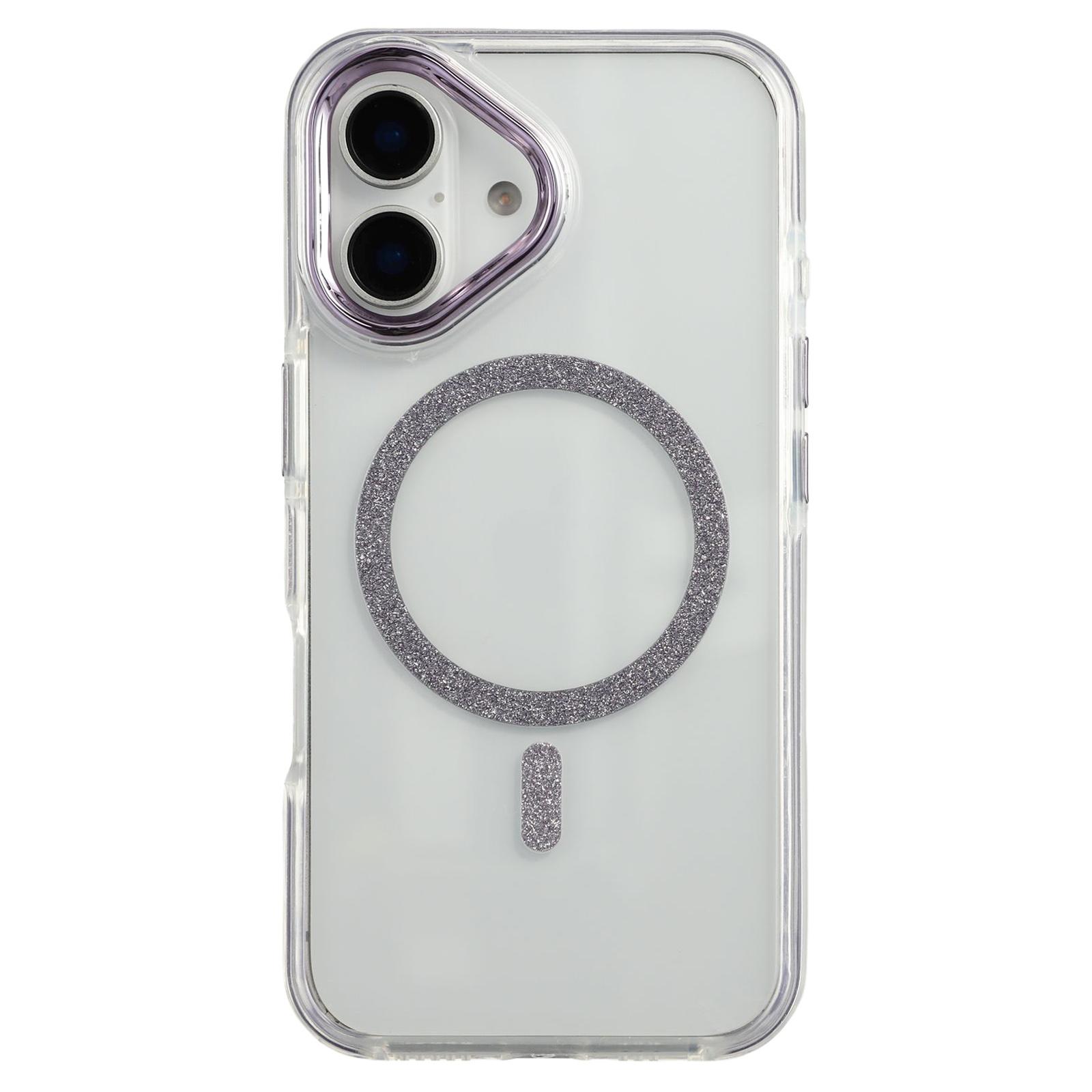 

For iPhone 16 Magnetic Case Glitter Edge TPU+PC Clear Back Phone Cover Silver