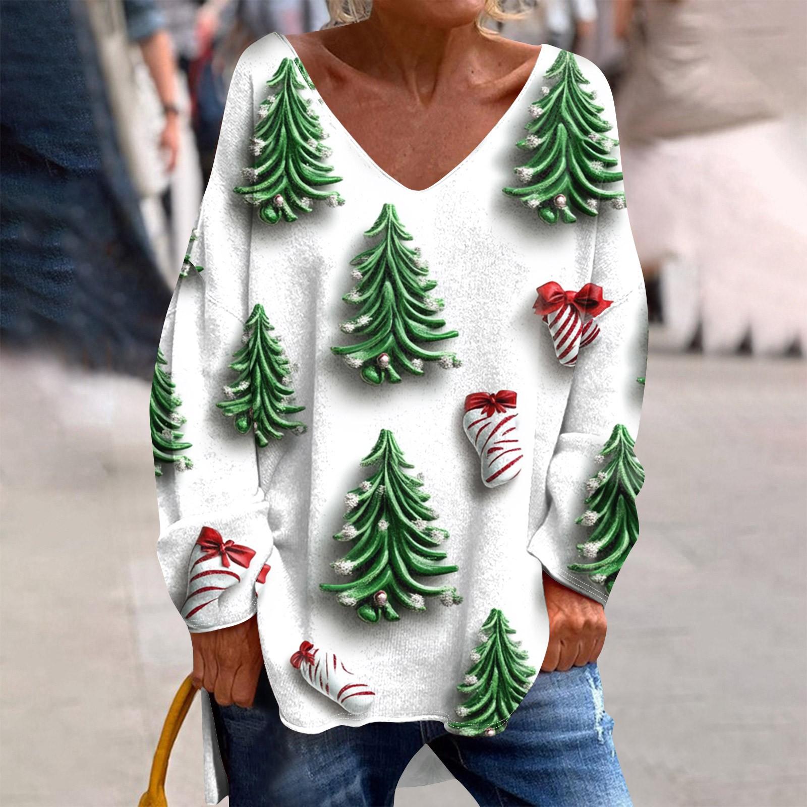 

Женская модная повседневная футболка с длинными рукавами и рождественским принтом с V-образным вырезом XXL