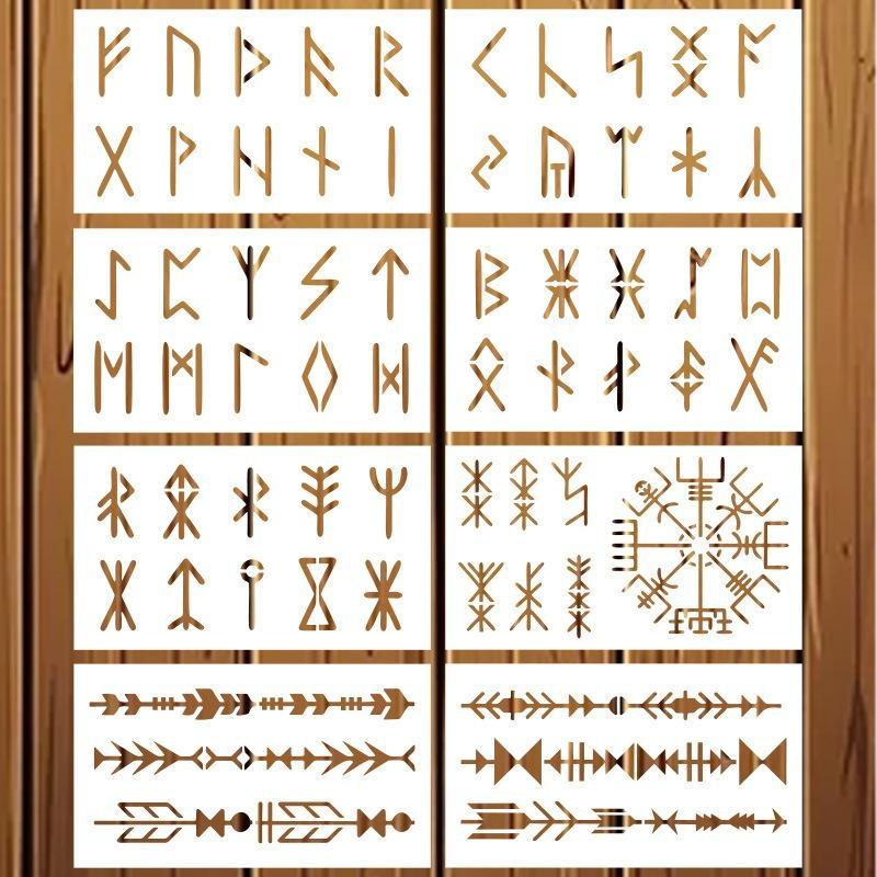 8 stk Vikinge Runer Skabeloner Genanvendelige Kæledyr Maling Skabeloner Nordiske Symboler Pil Kant DIY Væg Træ Stof Dagbog Håndværk Dekoration
