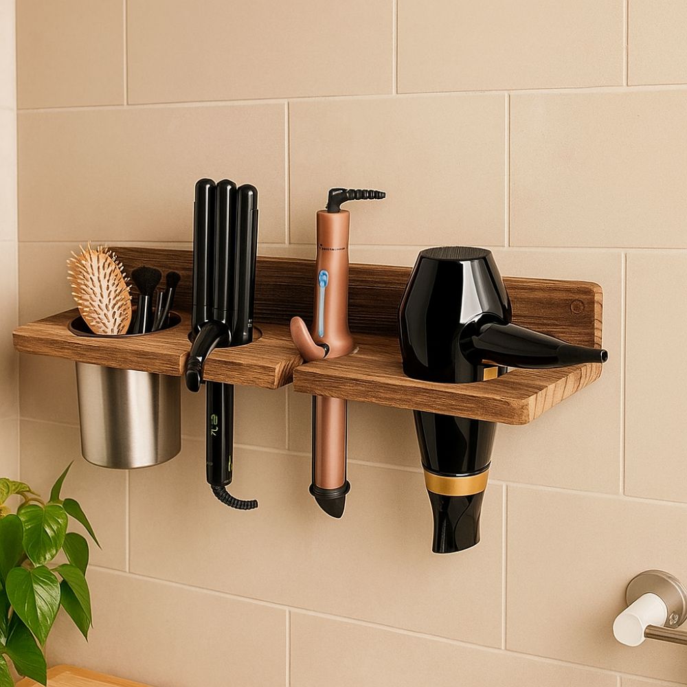 Wooden Blow Dryer Hanger Space Saving Curling Iron Shelf Toilet Blower Holder  Curling Irons
